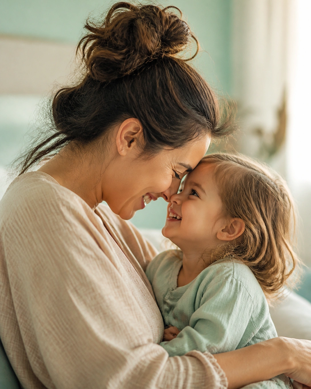 A child and mother sharing a connected, smiling moment