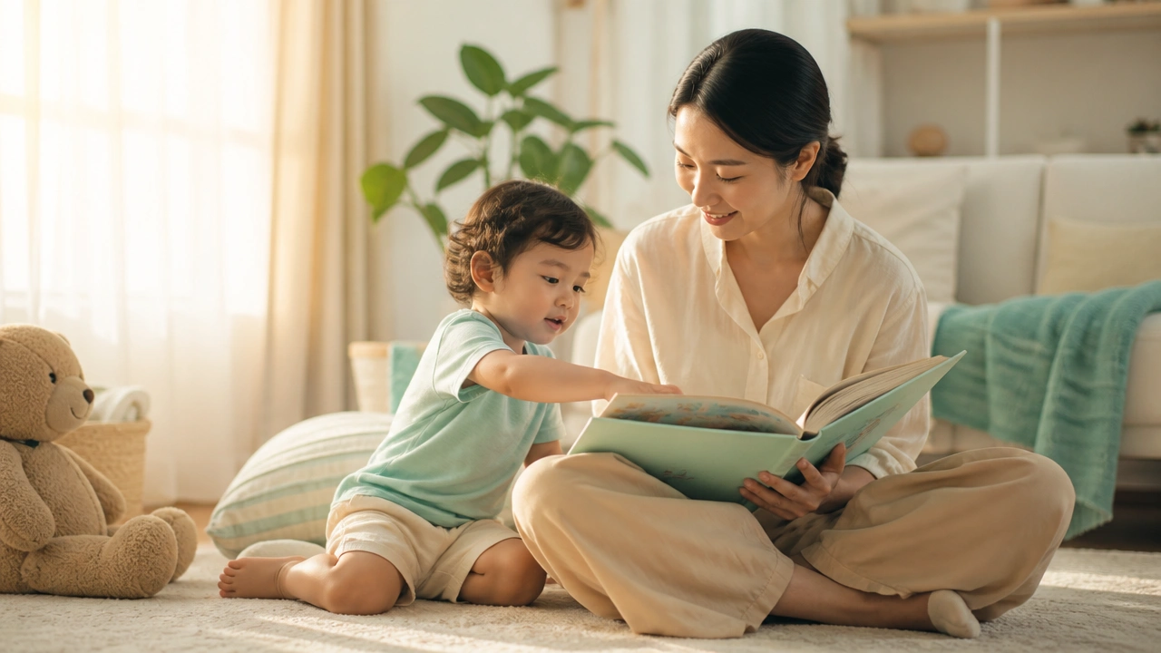 A parent and child reading a picture book together at home