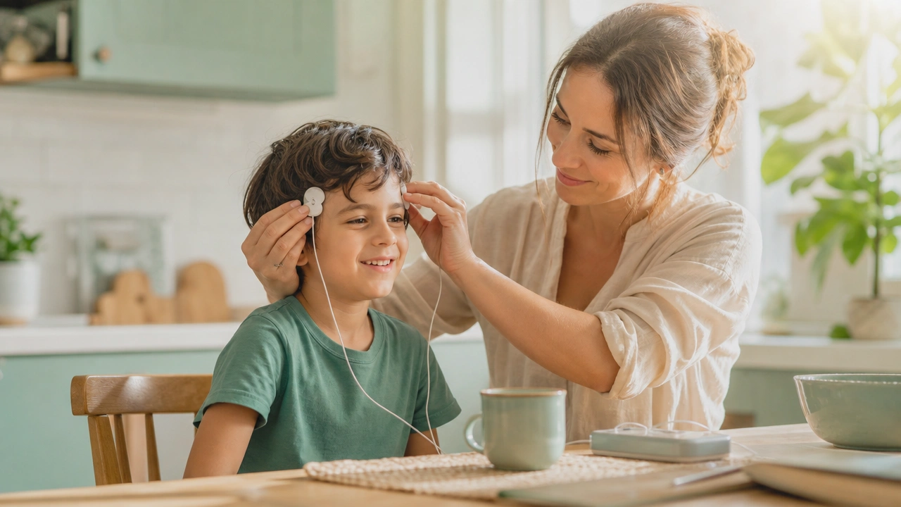 A parent placing small electrode pads near a smiling child's head