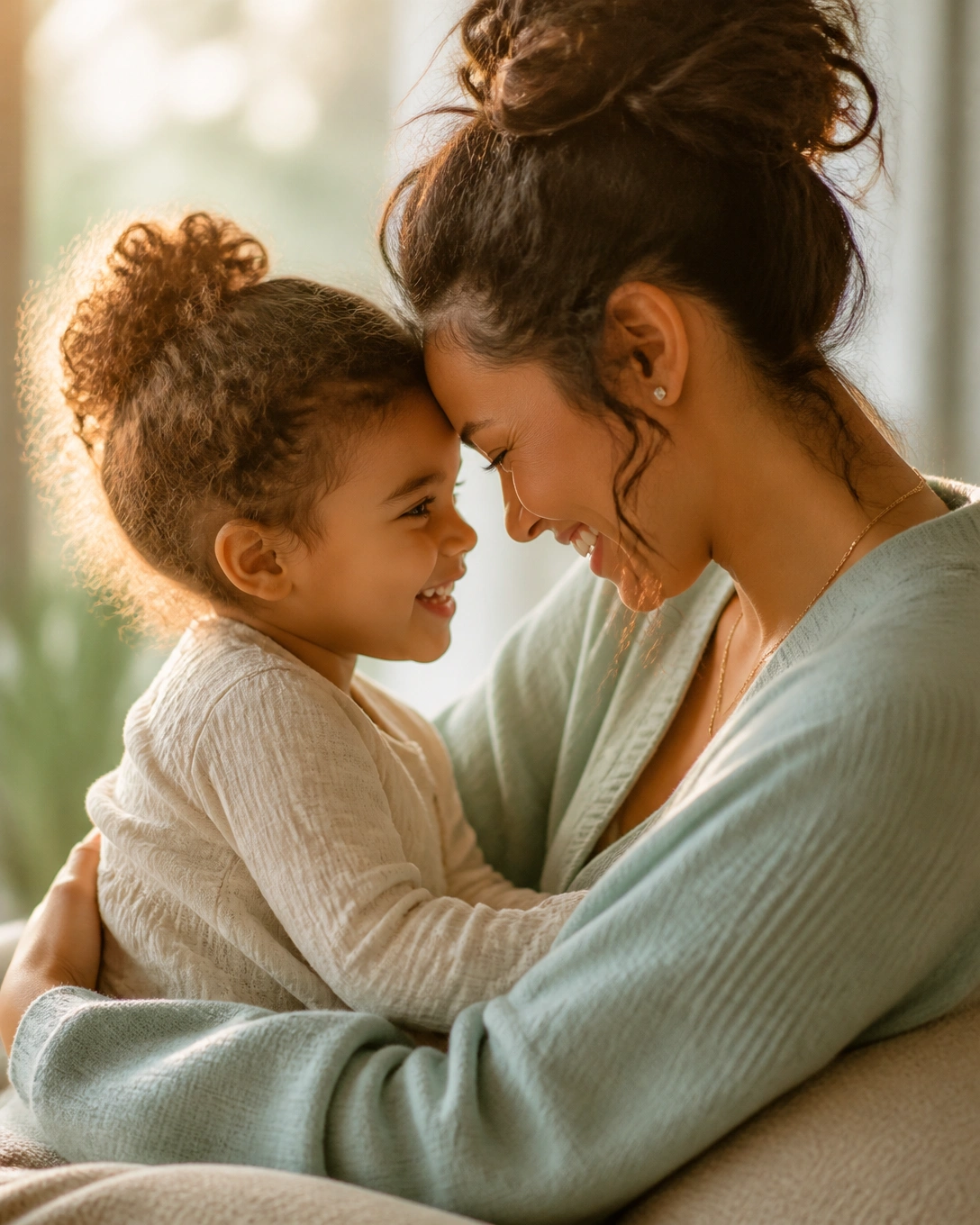 A mother and child laughing, foreheads touching