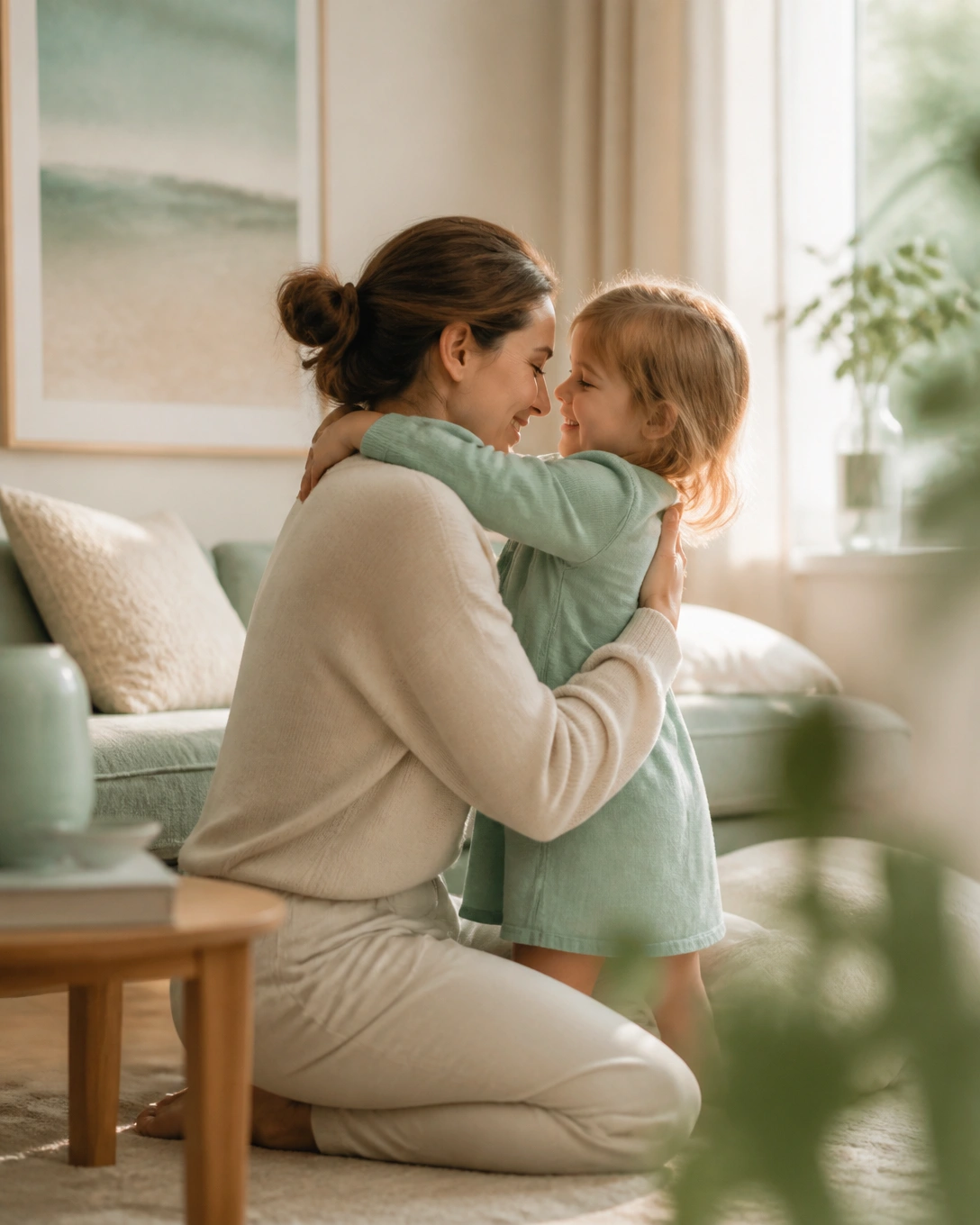 A mother kneeling to hug her smiling child