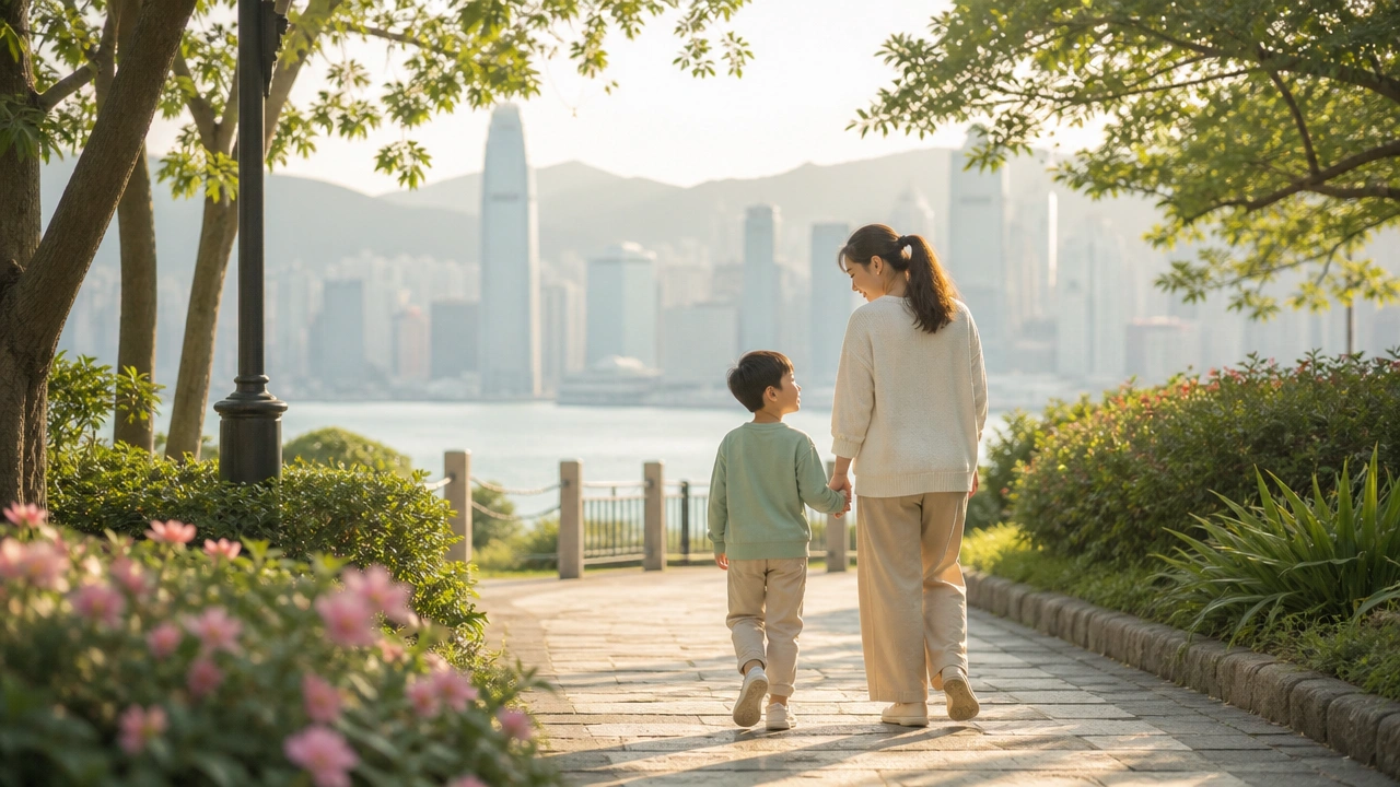 A parent and child walking hand in hand through a Hong Kong park