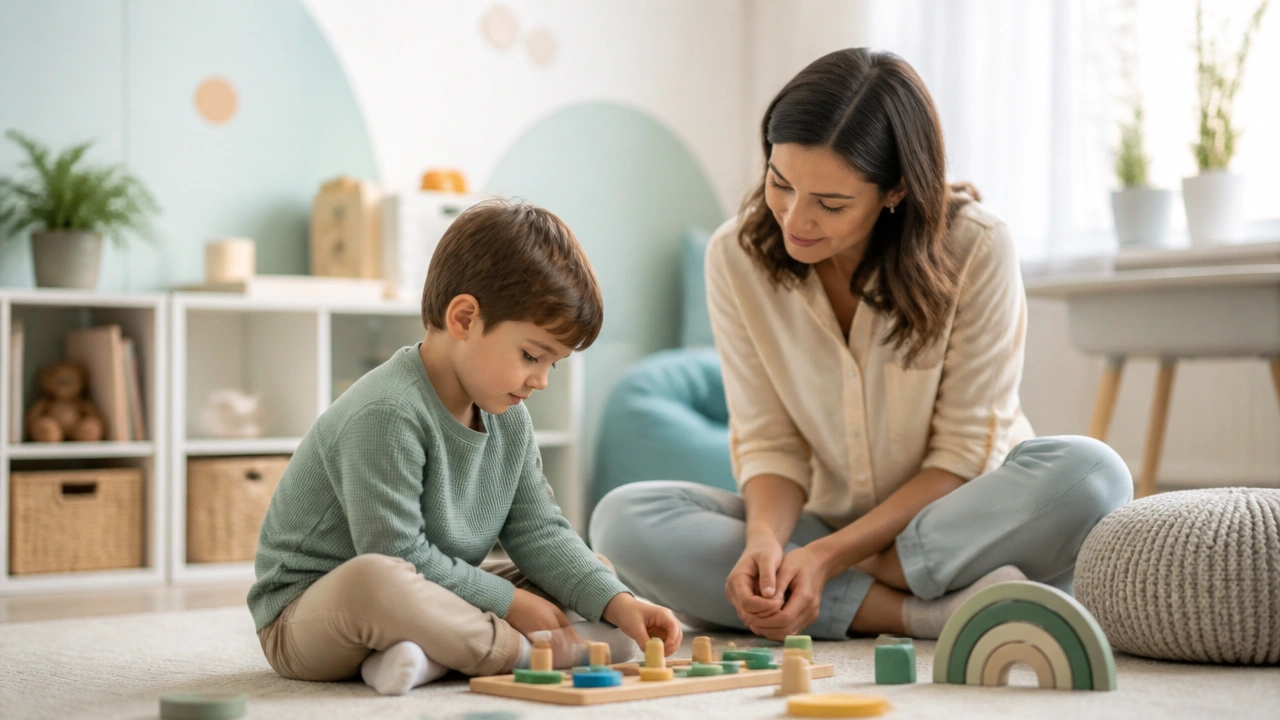 A child playing with a parent in a bright therapy room