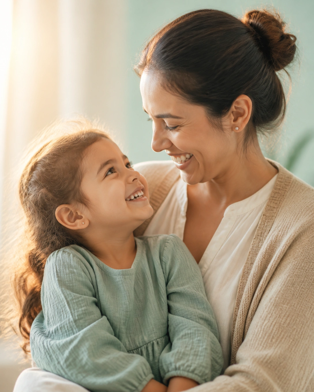 A mother and child sharing a bright, laughing moment