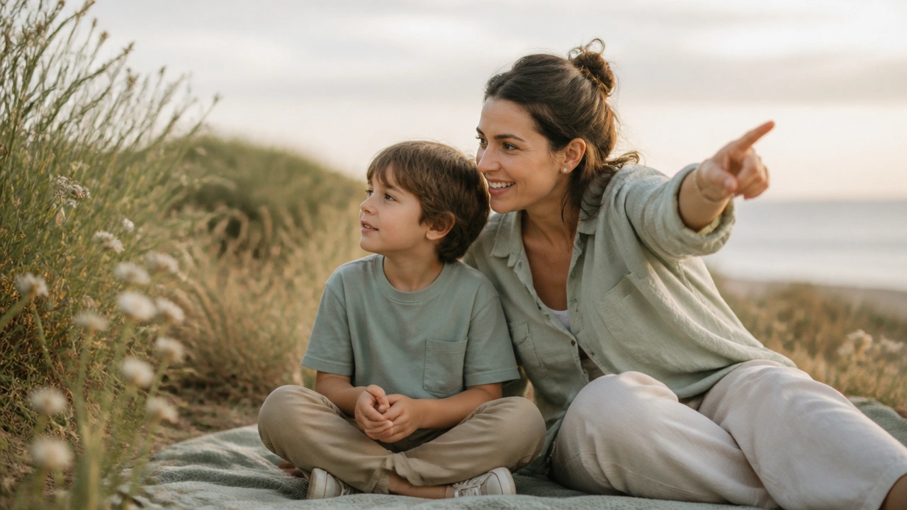A parent and child sharing a moment of joint attention outdoors
