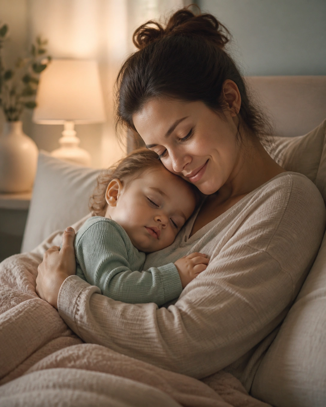 A mother holding her child close at bedtime