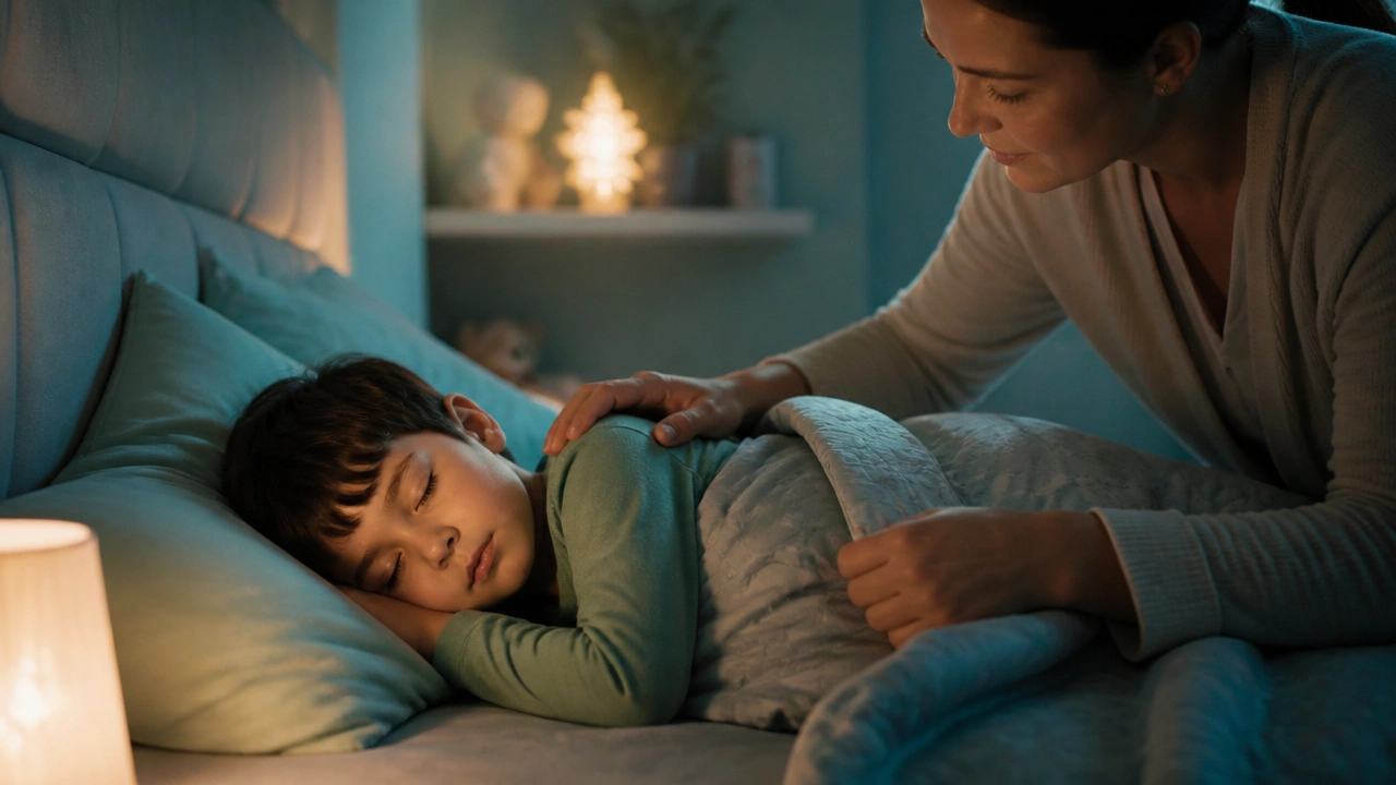 A child sleeping peacefully while a parent adjusts the blanket