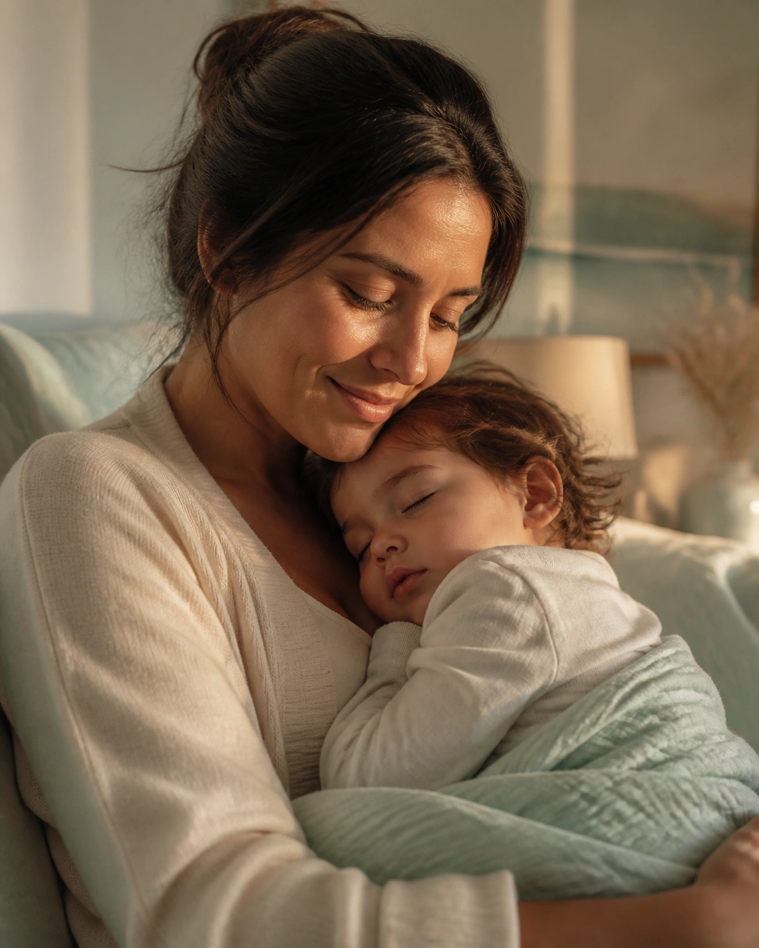 A mother smiling softly as her child sleeps