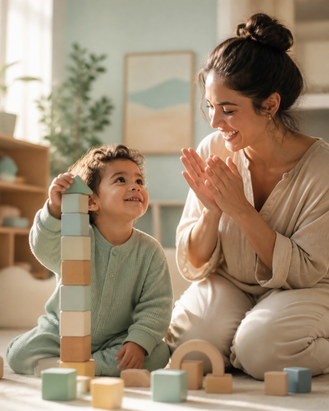A mother clapping as her child stacks a block with pride