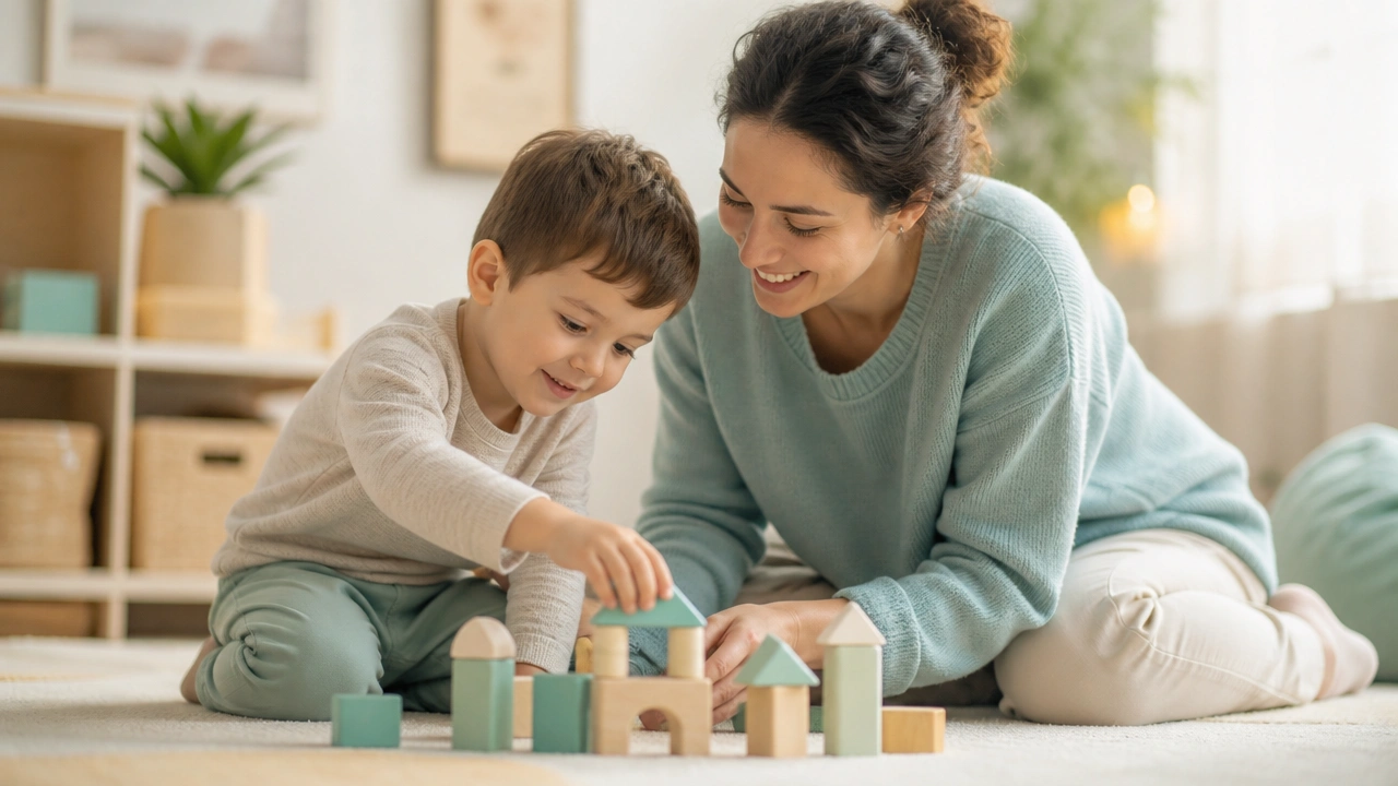 A child playing with learning blocks with a parent