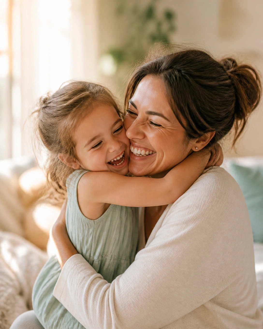 A mother and child sharing a joyful hug