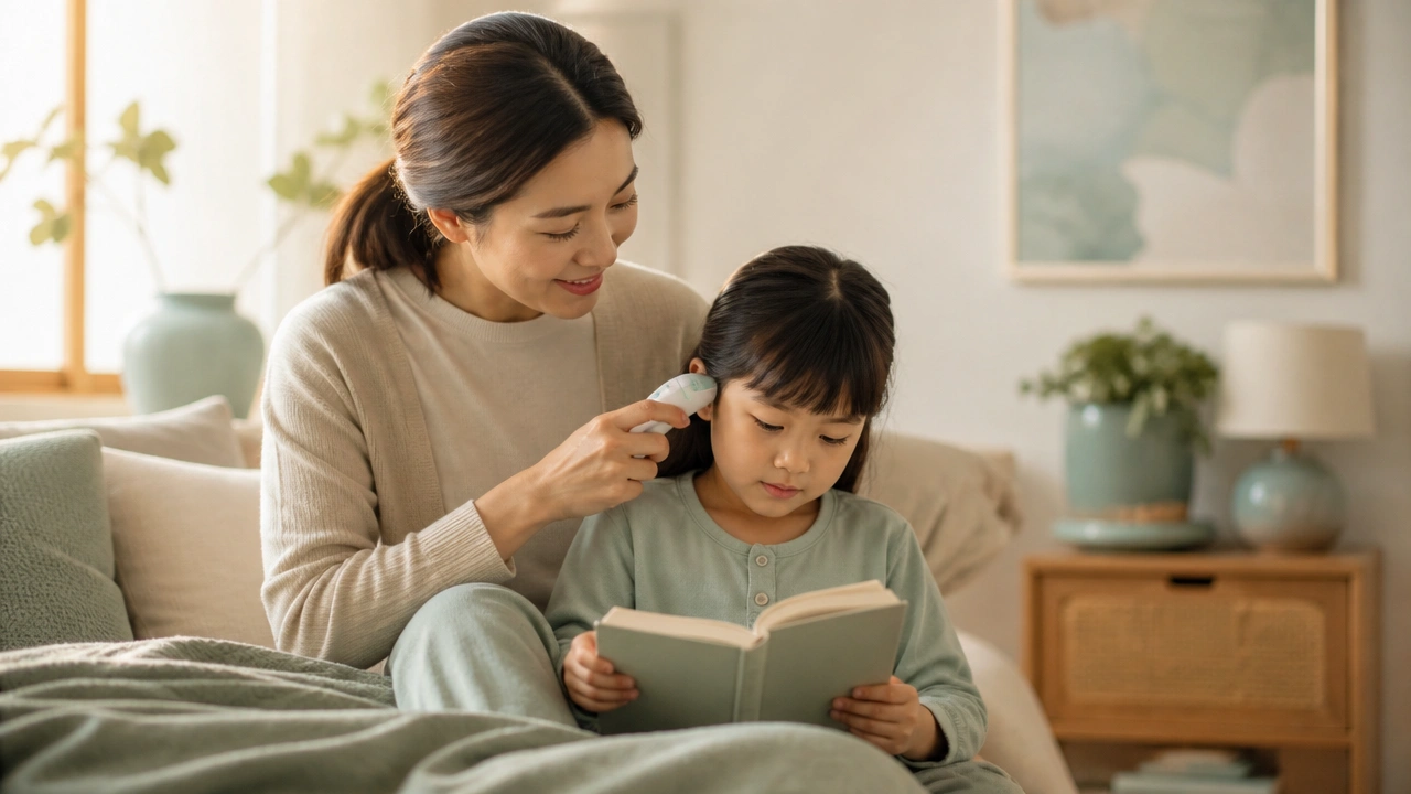 A parent and child at home with a small device while the child reads